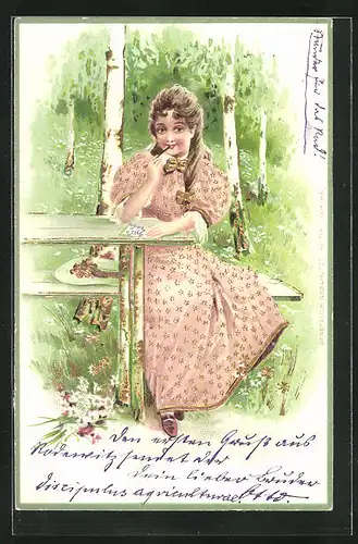 AK Frau ohne Hut sitzt auf einer Bank und schreibt einen Brief