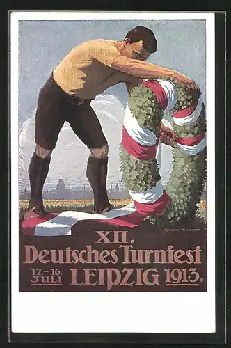 AK Leipzig, 12. Deutsches Turnfest 1913, Turner schmückt einen Eichenlaubkranz