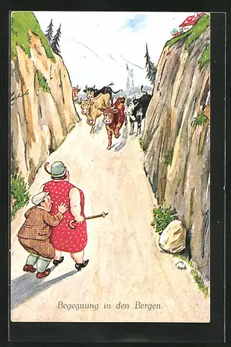 AK Mann versteckt sich hinter dem Rücken seiner Frau vor der herannahenden Kuhherde, Begegnung in den Bergen, Scherz