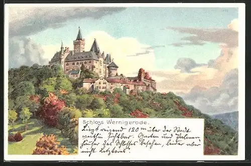 Lithographie Wernigerode / Harz, Blick zum Schloss Wernigerode