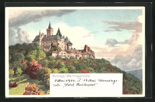 Lithographie Wernigerode / Harz, Blick zum Schloss Wernigerode