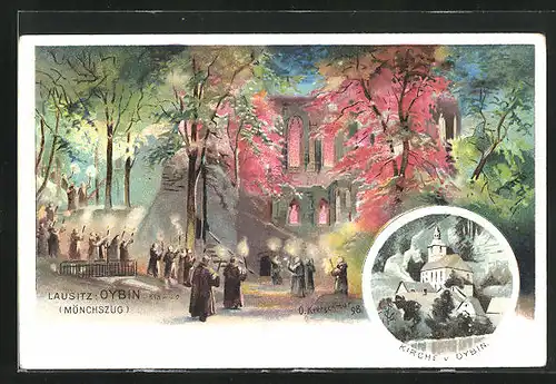 Lithographie Oybin, Mönche beim Fackelzug, Blick zur Kirche