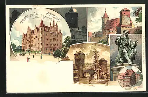 Lithographie Nürnberg, Henkersteg, Dürer-Haus, Grand Hotel