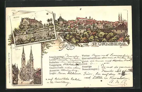 Lithographie Nürnberg, Lorenzkirche, Burg, Panorama