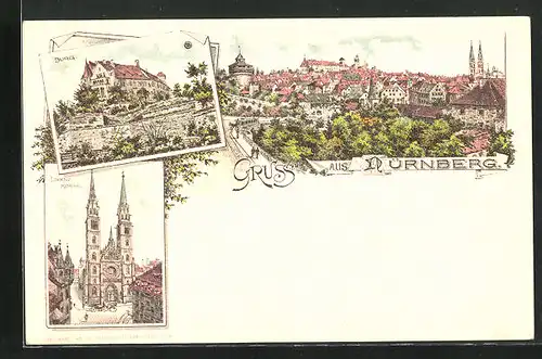 Lithographie Nürnberg, Panorama, Burg, Lorenzkirche