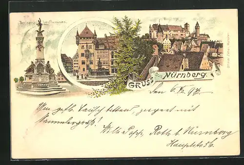 Lithographie Nürnberg, Nassauerhaus, Burg, Kunstbrunnen