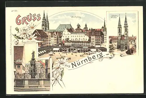 Lithographie Nürnberg, Marktplatz, Sebalduskirche, Tugendbrunnen
