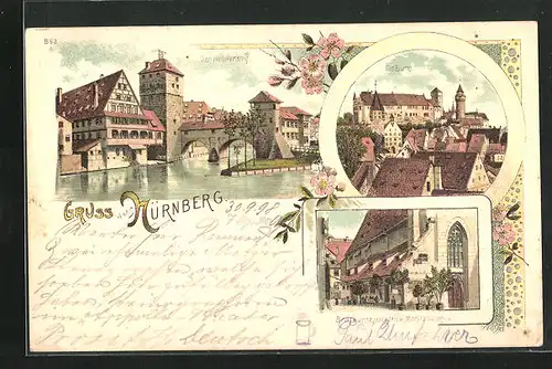 Lithographie Nürnberg, Burg, Henkersteg, Bratwurtglöcklein