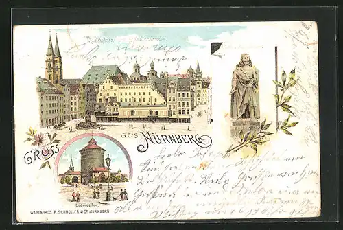 Lithographie Nürnberg, Marktplatz, Sebalduskirche, Ludwigstor