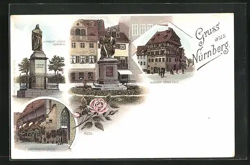 Lithographie Nürnberg, Dürer-Haus, Bratwurtsglöcklein, Dürer-Denkmal