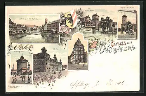 Lithographie Nürnberg, Pegnitz-Partie, Rathaus, Henkersteg