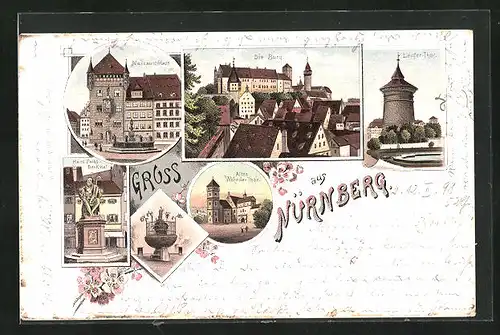 Lithographie Nürnberg, Burg, Nassauer-Haus, Laufer-Tor