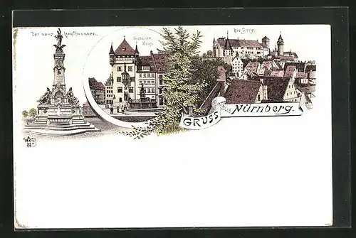 Lithographie Nürnberg, Burg, Nassauer-Haus, Kunstbrunnen