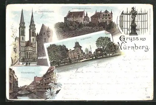 Lithographie Nürnberg, Stadtpark, Fleischbrücke, Germanisches Museum