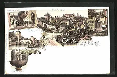 Lithographie Nürnberg, Henkersteg, Hans Sachs Denkmal, Bratwurtsglöcklein