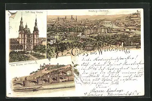 Lithographie Würzburg, Brücke und Festung, Stift Haug Kirche, Panorama