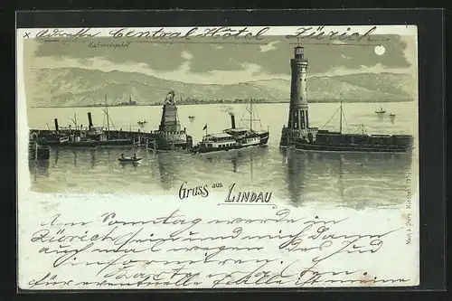 Mondschein-Lithographie Lindau / Bodensee, Hafen mit Leuchtturm