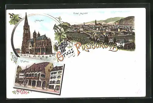 Lithographie Freiburg i. Br., Total-Ansicht, Münster, Kaufhaus