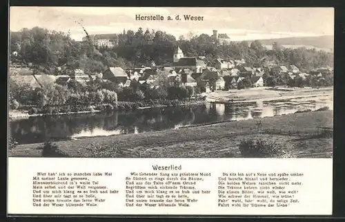 AK Herstelle a. d. Weser, Ortsansicht und Weserlied