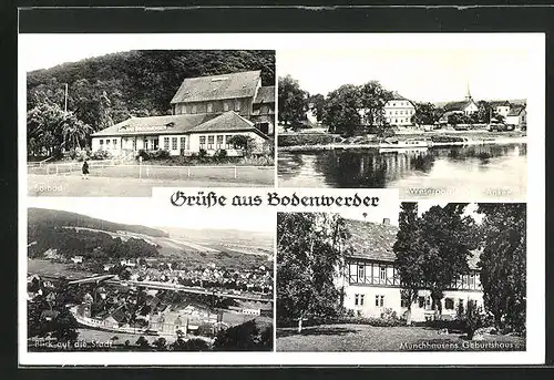 AK Bodenwerder / Weser, Münchhausens Geburtshaus, Solbad, Weserpartie am Anker