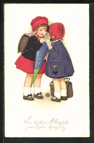 Künstler-AK Fritz Baumgarten: zwei Schulmädchen blicken in eine Zuckertüte