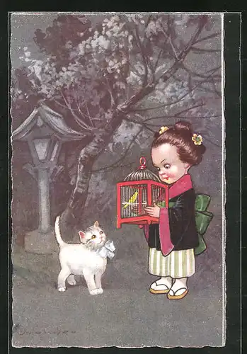 Künstler-AK E. Colombo: niedliche kleine Geisha mit Vogelkäfig und Katze