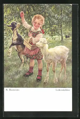 Künstler-AK R. Borrmeister: Leckermäulchen, kleines Mädchen füttert gierige Ziegen mit Kirschen