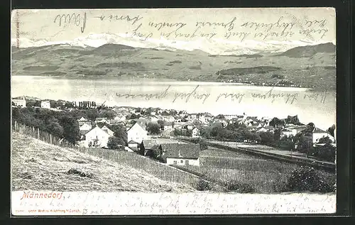 AK Männedorf, Panoramablick auf Ort und See