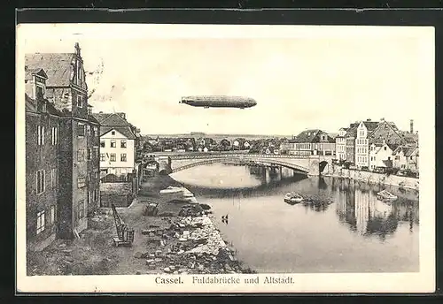 AK Kassel, Zeppelin über Fuldabrücke und Altstadt