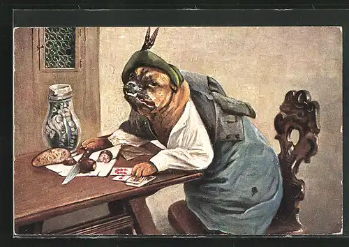AK Bulldogge sitzt bei einer Brotzeit am Tisch, vermenschlichte Tiere