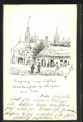 Künstler-AK Handgemalt: Torgau, Eingang zum Schloss Hartenfels