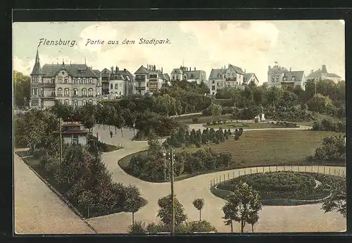 AK Flensburg, Stadtpark aus der Vogelschau