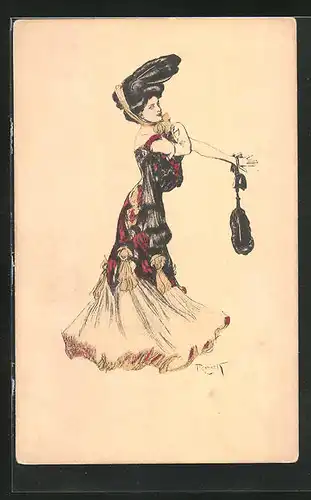 Künstler-AK Ferdinand von Reznicek: Hübsche Frau im Kleid mit Handtasche, Simplicissimus