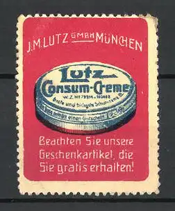 Reklamemarke Lutz Consum-Creme, J. M. Lutz GmbH, München, Ansicht einer Dose
