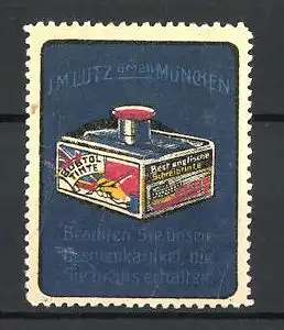 Reklamemarke Bobtol-Tinte ist englische Schreibtinte, J. M. Lutz GmbH, München, Tintenglas