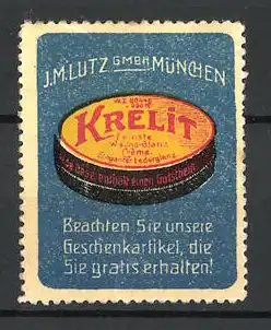 Reklamemarke Krelit ist feinste Wachs-Glanz-Creme, J. M. Lutz GmbH, München, Dose