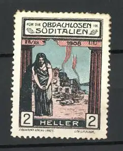 Reklamemarke Verein für die Obdachlosen in Süditalien, Obdachlose vor einem zerstörten Haus, 1908