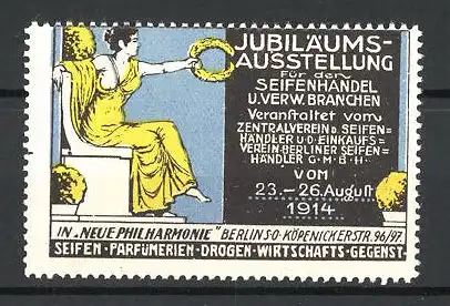 Reklamemarke Berlin, Jubiläums-Ausstellung f. d. Seifenhandel 1914, Göttin auf dem Thron sitzend