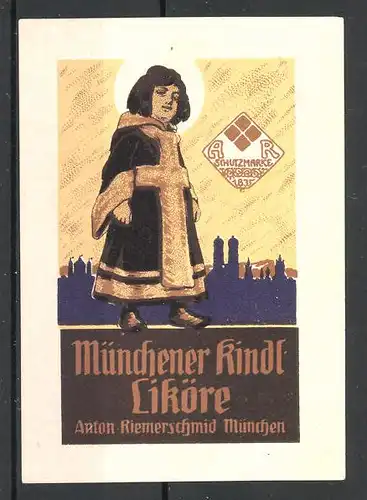 Reklamemarke Münchner Kindl Liköre von Anton Riemerschmid, München, Münchner Kindl und Stadtsilhouette