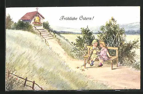 Künstler-AK Elly Frank: Fröhliche Ostern, niedliches Kinderpaar sitzt auf einer Parkbank