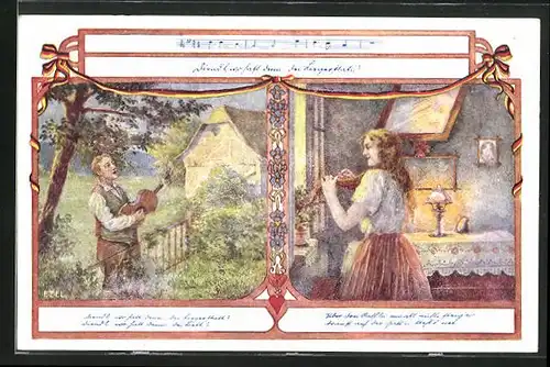 Künstler-AK Ezel: Bund der Deutschen in Niederösterreich, musizierender Mann singt für seine Liebste