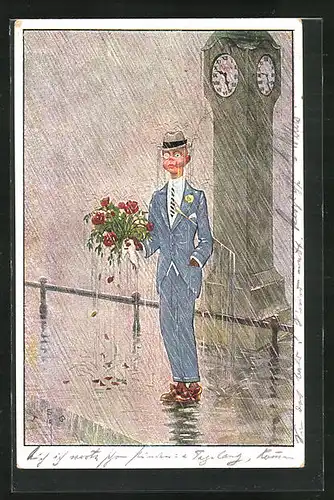 Künstler-AK H.S.B.: Rosenkavallier steht im Regen vor der Uhr