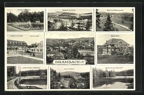 AK Brambach i. V., Kurhotel Wettinquelle, Bose-Haus, Ortspanorama