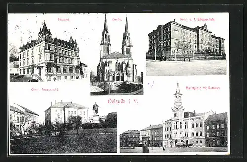 AK Oelsnitz i. V., Marktplatz mit Rathaus, Kgl. Amtsgericht, Postamt, Kirche, Bürger- und Realschule