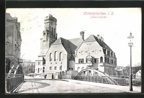 AK Crimmitschau i. S., Strassenpartie mit Johanniskirche