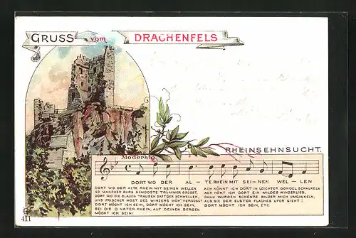 Lithographie Königswinter, Drachenfels, Rheinsehnsucht Text- und Notenzeile