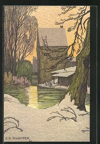 Künstler-AK Ernst E. Schlatter: Schwabing, alte Mühle im Winter