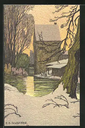 Künstler-AK Ernst E. Schlatter: Schwabing, alte Mühle im Winter