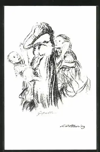 Künstler-AK Käthe Kollwitz: Gefallen, Kinder blicken auf ihre trauernde Mutter