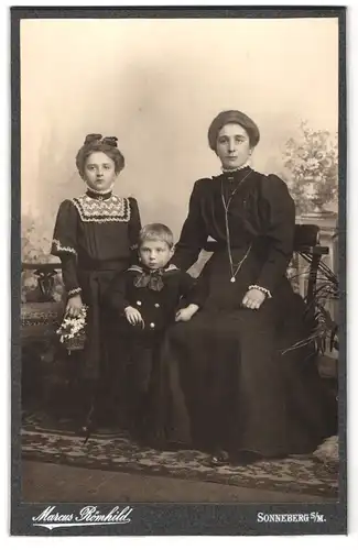Fotografie Marcus Römhild, Sonneberg / S.-M., Portrait bürgerliche Dame mit einer Tochter und kleinem Sohn